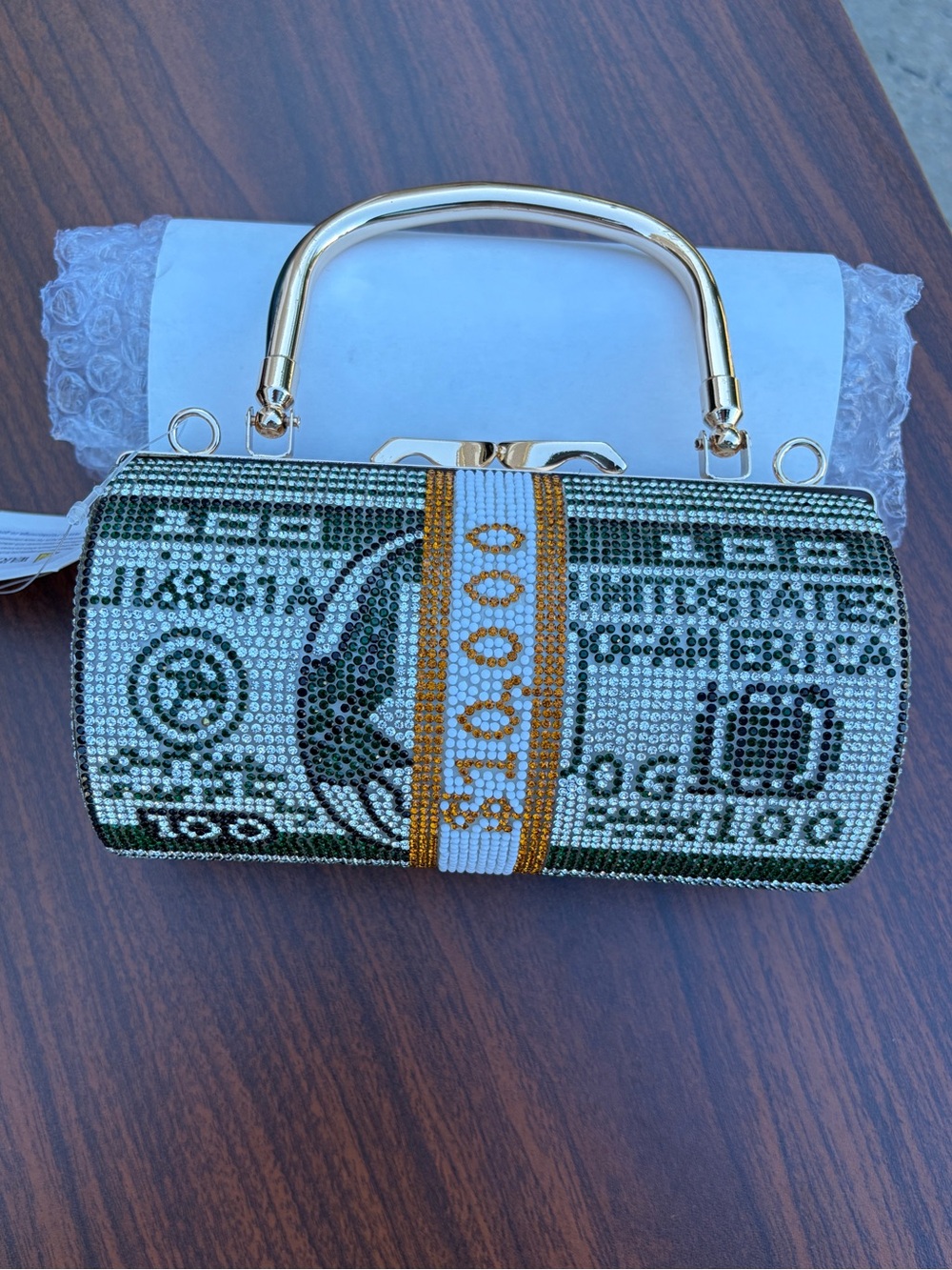 Rhinestone Money Print Clutch Purse Green Crystal Evening Bag Gold Handle